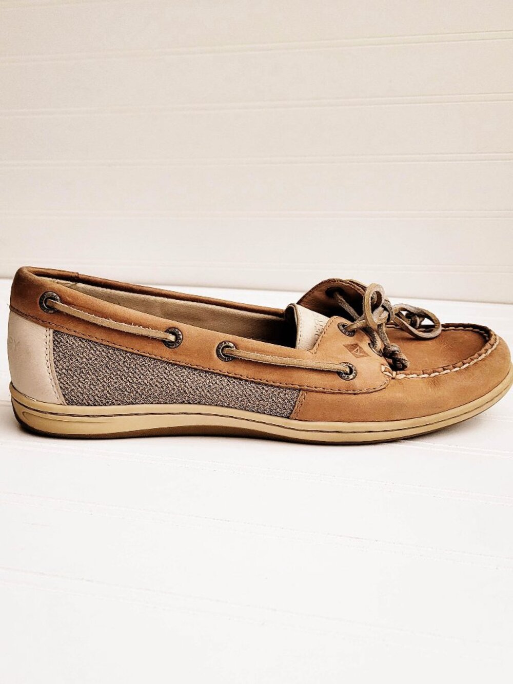 Sperry Topsider Boat Shoes Womens Size 9.5 Beige Leather and Tweed Preppy Casual